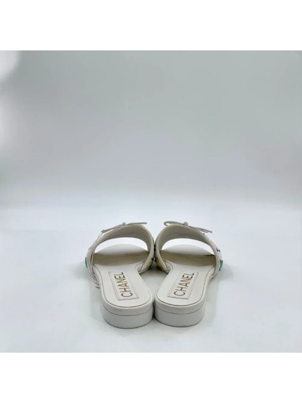 Chanel White Tweed Bow Slide Sandals